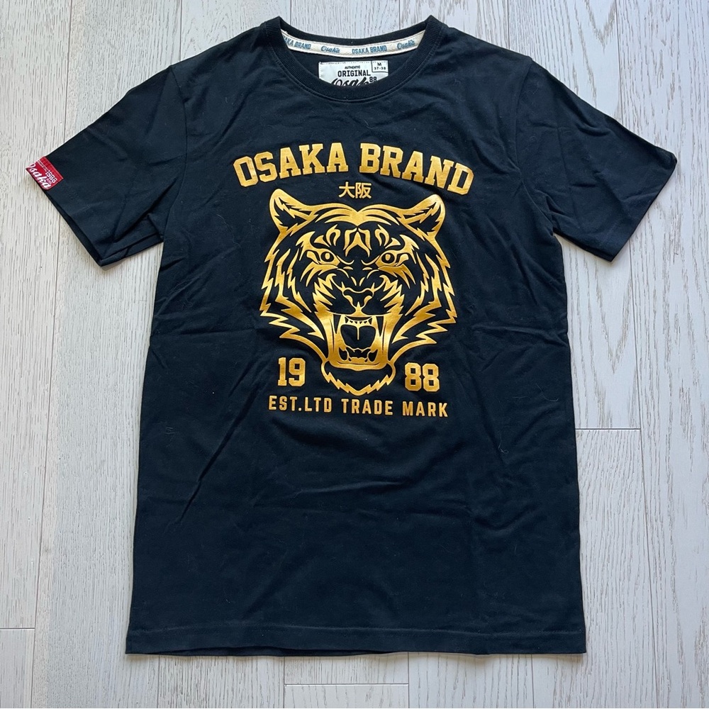 Osaka Brand black cotton tee shirt gold print Asian tiger and 1988 text